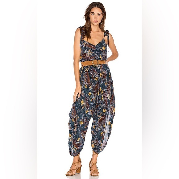 Free People Pants - Free People El Porto Printed Wide Leg Romper Jumpsuit S Blue Boho Harem